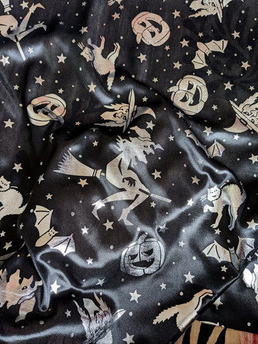 Black And Silver Halloween Pumpkin, Witch, Bats Foil Fabric